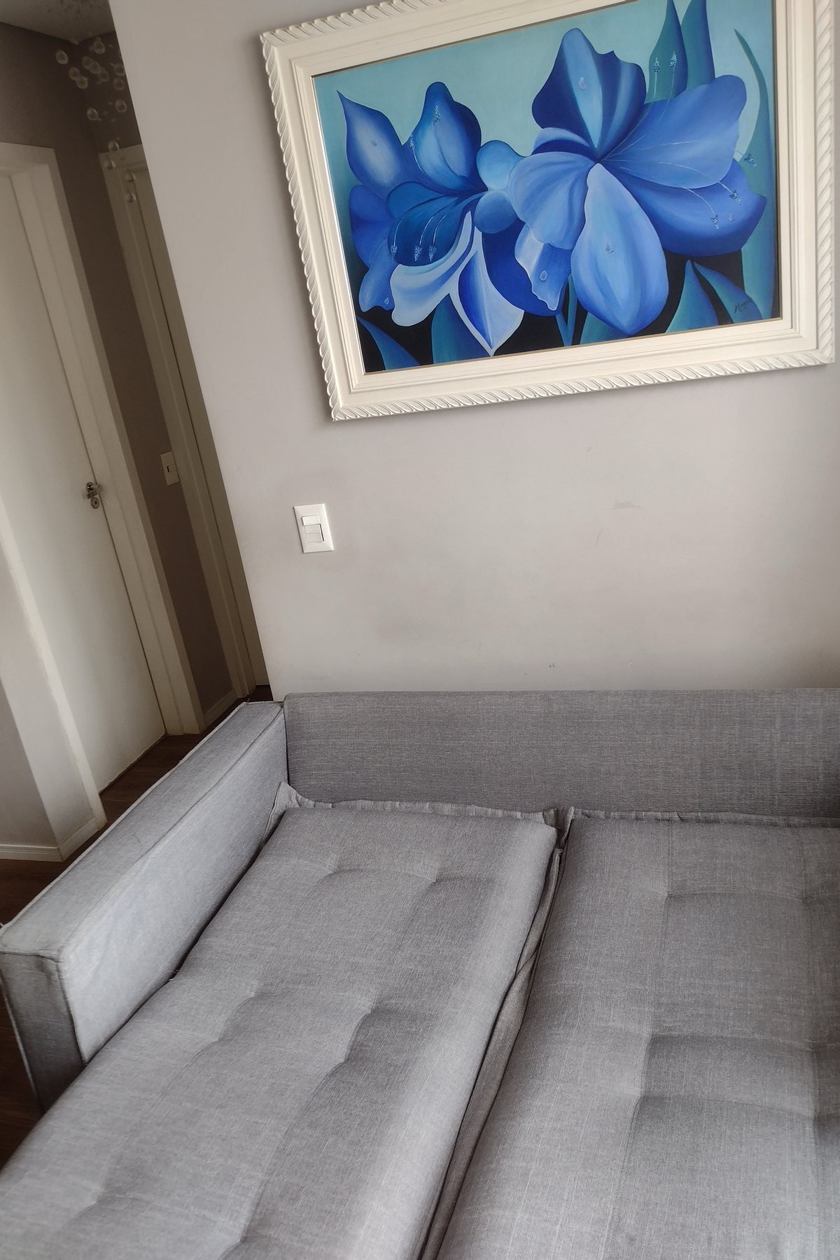 Sofá cinza claro na sala do cliente, depois da higienização Sofá cinza claro na sala do cliente, depois da higienização