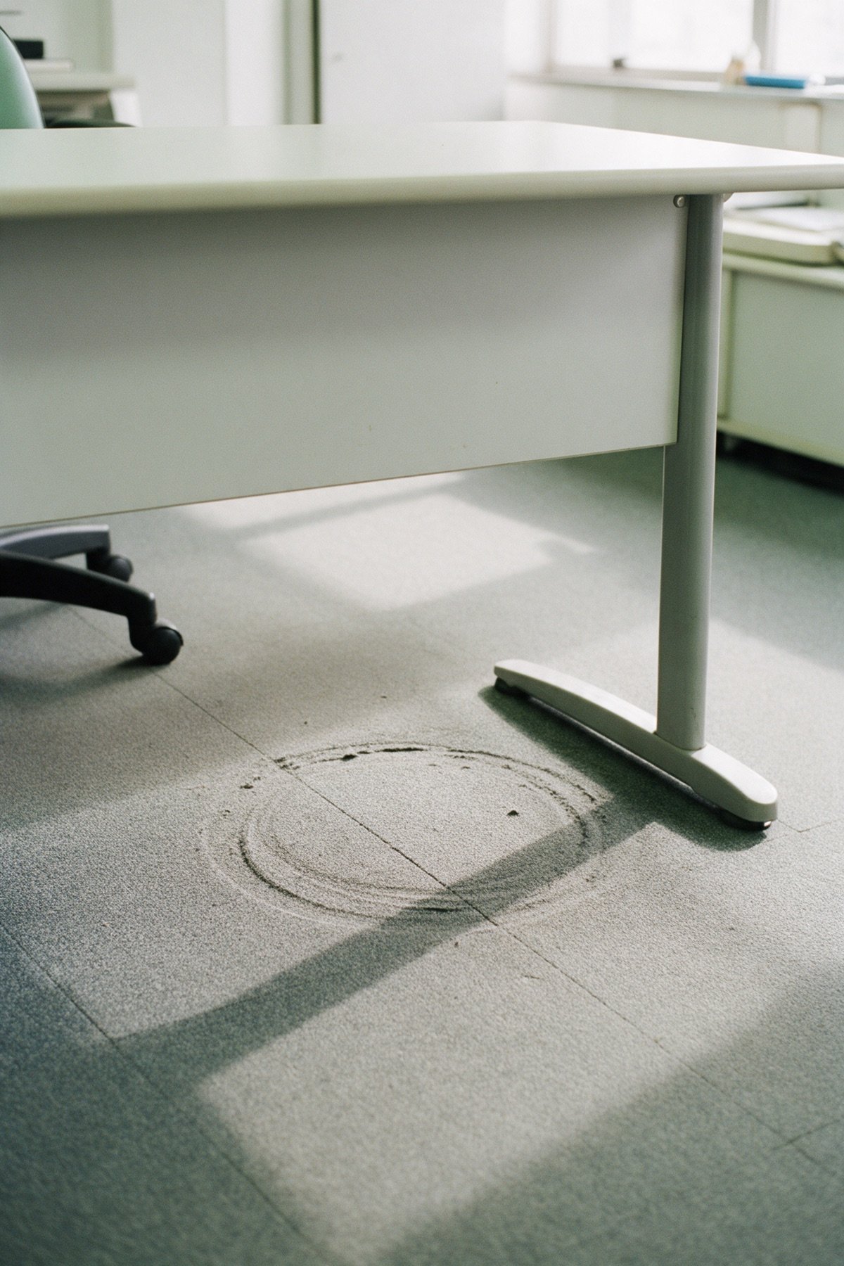 Carpete cinza de escritório embaixo de uma mesa de trabalho, com a marca circular deixada pelo rodízio de uma cadeira Carpete cinza de escritório embaixo de uma mesa de trabalho, com a marca circular deixada pelo rodízio de uma cadeira
