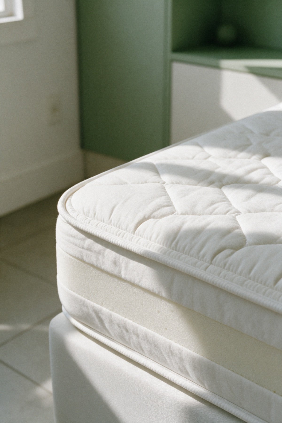Detalhe do canto de um colchão branco, mostrando o pespontado da capa, o debrum da borda e a espuma clara da lateral