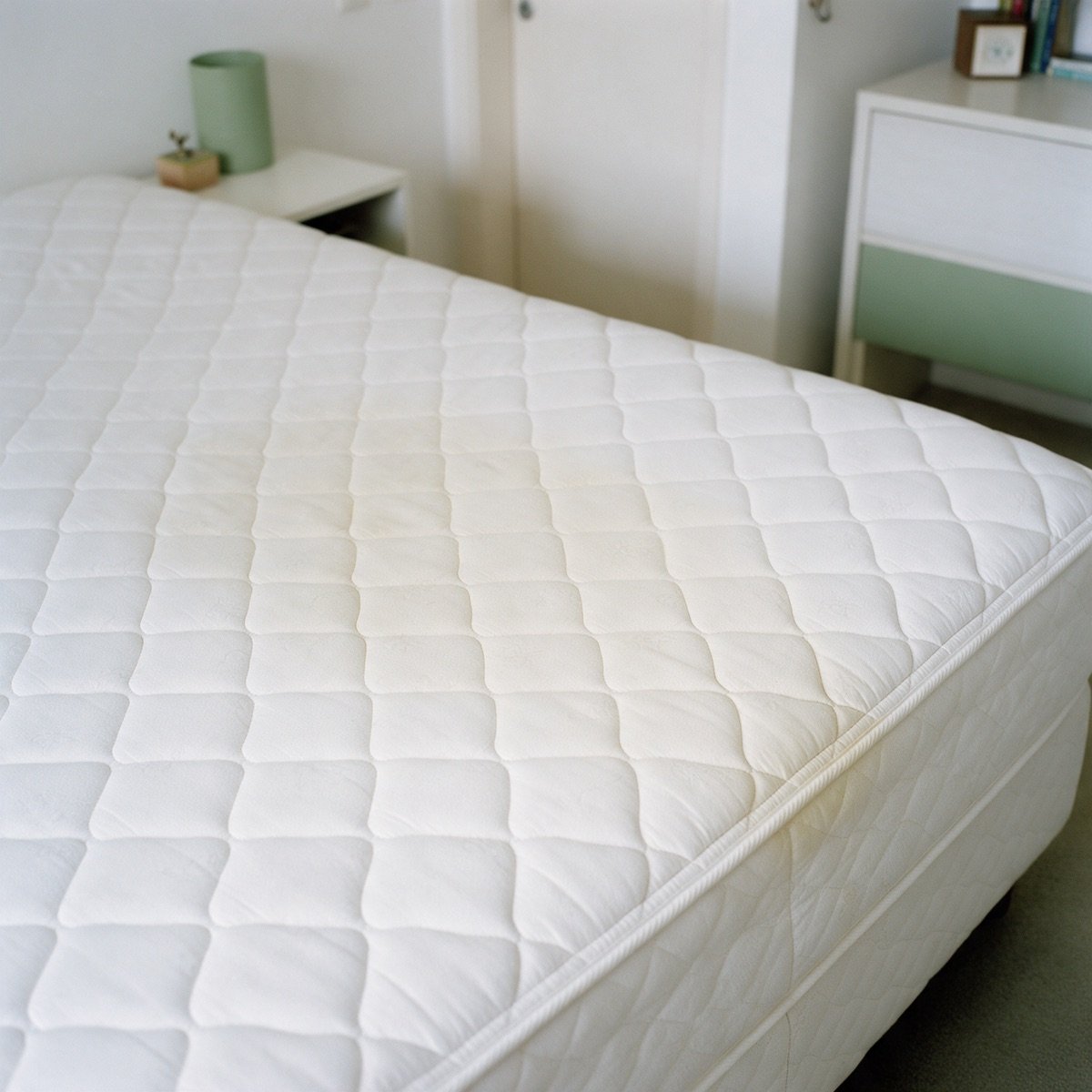 Colchão branco pespontado sem roupa de cama, visto em ângulo, com uma faixa amarelada difusa ao longo do centro do painel