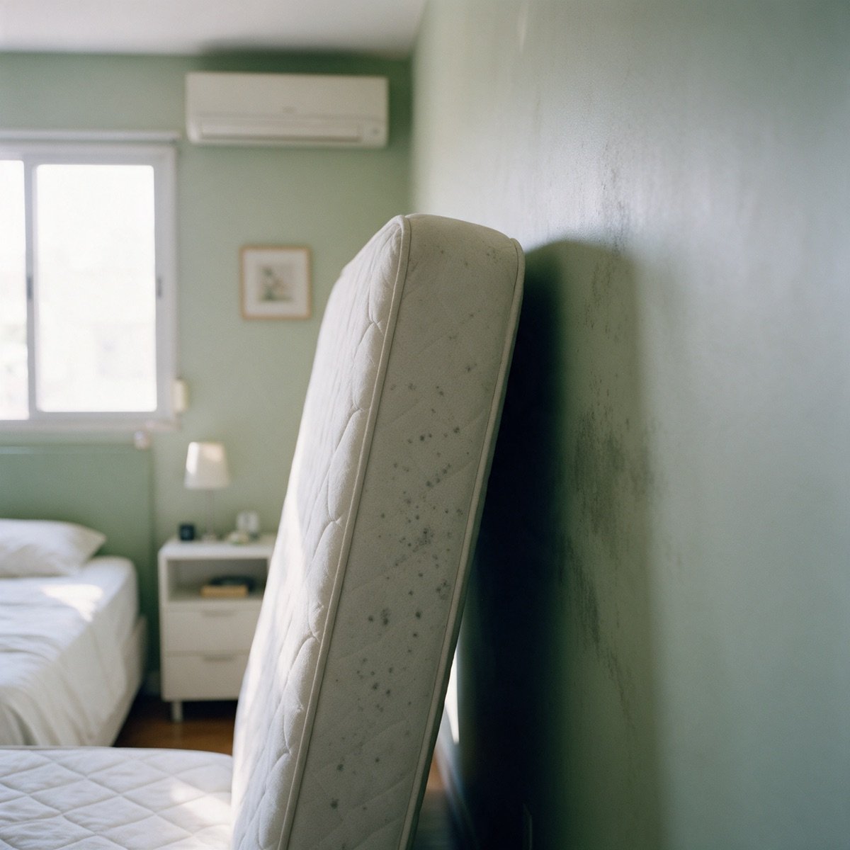 Colchão apoiado em pé contra a parede de um quarto, com salpicos escuros no tecido acolchoado da lateral e uma mancha escura de umidade na parede atrás