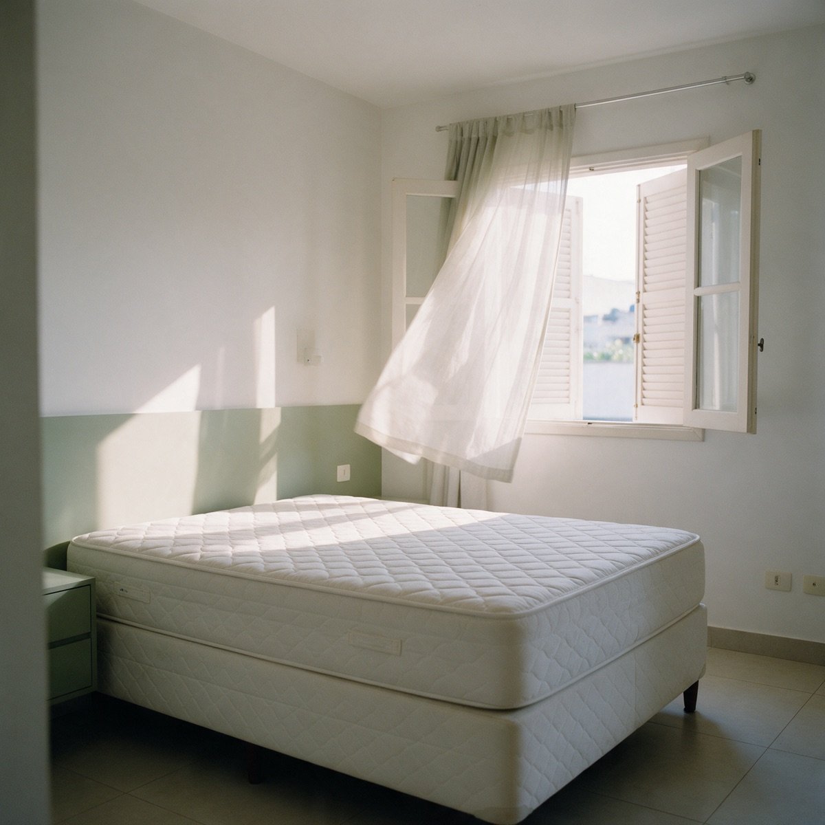 Colchão branco sem roupa de cama num quarto claro, com a luz da manhã entrando por uma janela aberta ao lado