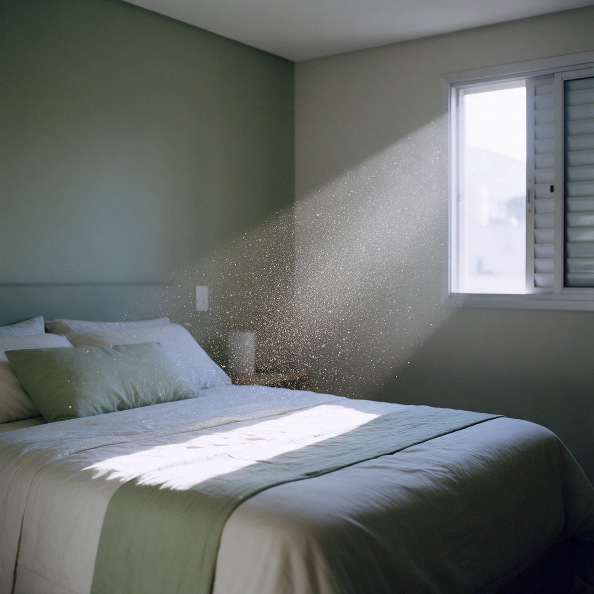 Feixe de luz do sol atravessando um quarto e revelando partículas de poeira suspensas no ar sobre a cama