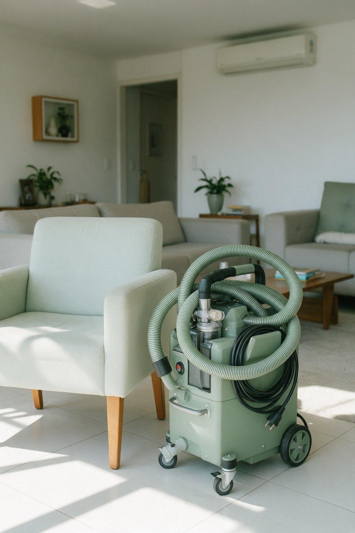 Extratora profissional verde recolhida ao lado de uma poltrona clara numa sala arrumada, com a mangueira enrolada e o cabo guardado Extratora profissional verde recolhida ao lado de uma poltrona clara numa sala arrumada, com a mangueira enrolada e o cabo guardado