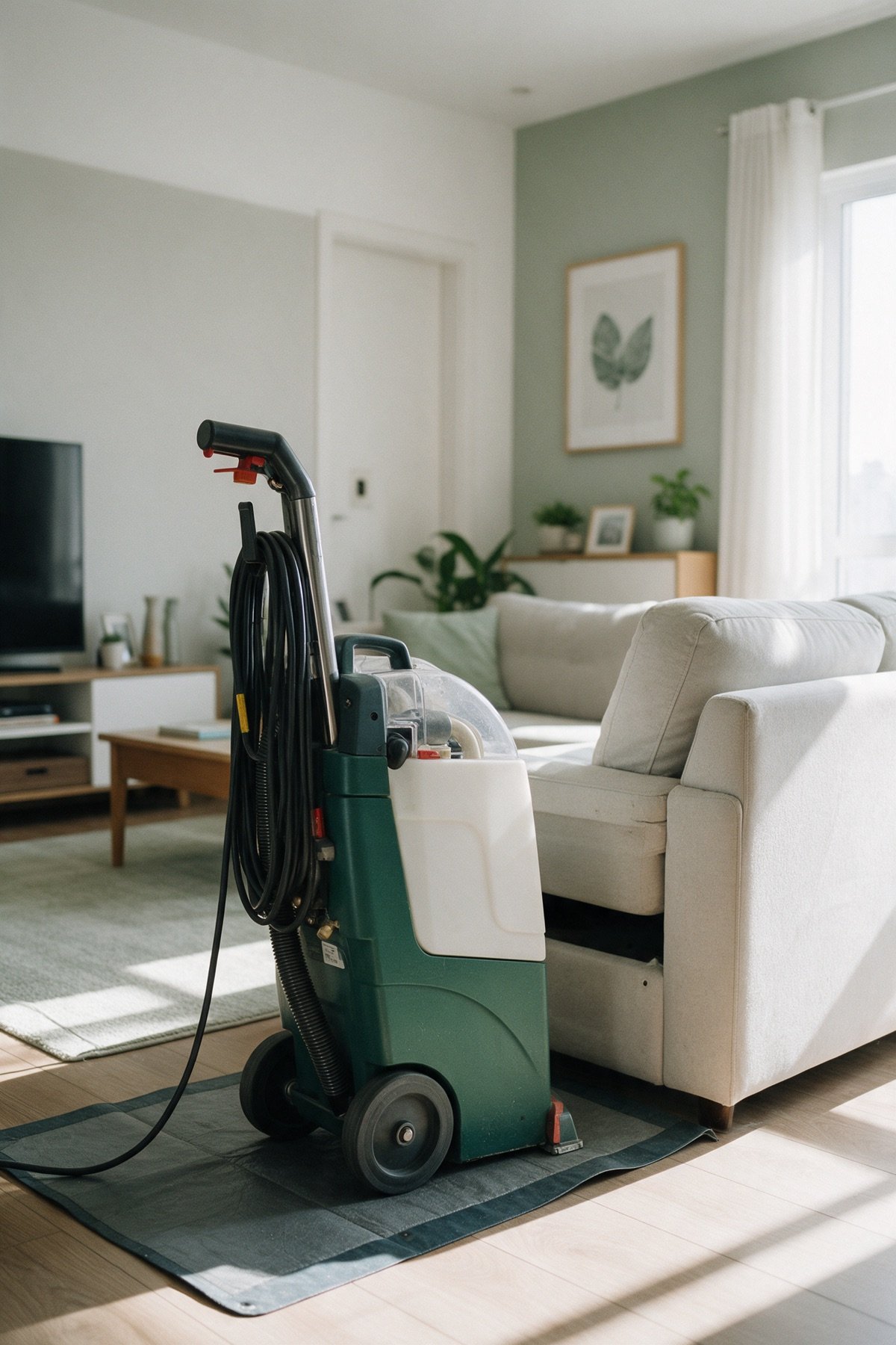 Extratora profissional verde sobre uma lona de proteção no chão da sala, com a mangueira enrolada e o cabo estendido, ao lado de um sofá claro Extratora profissional verde sobre uma lona de proteção no chão da sala, com a mangueira enrolada e o cabo estendido, ao lado de um sofá claro