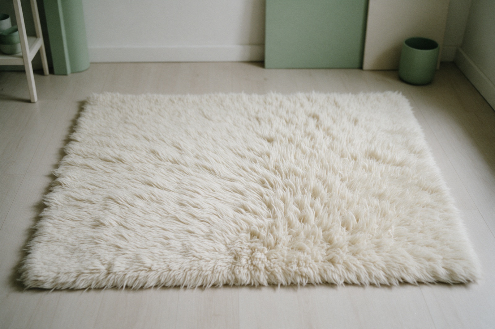Tapete shaggy branco de fios longos estendido no piso claro de um quarto, com os fios deitados para um lado num trecho e levantados no outro Tapete shaggy branco de fios longos estendido no piso claro de um quarto, com os fios deitados para um lado num trecho e levantados no outro