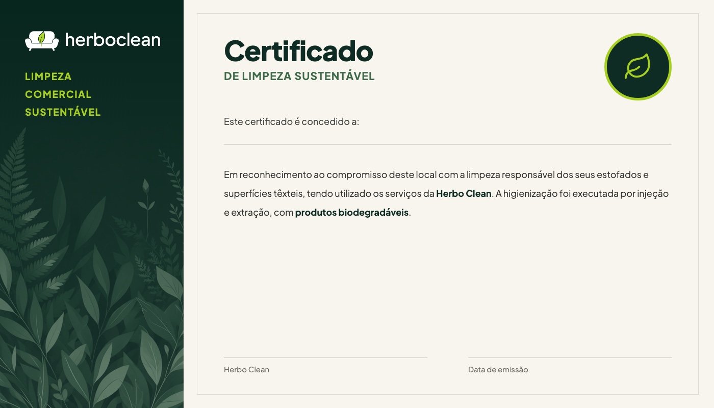 Detalhe do certificado de limpeza sustentável emitido pela Herbo Clean Detalhe do certificado de limpeza sustentável emitido pela Herbo Clean