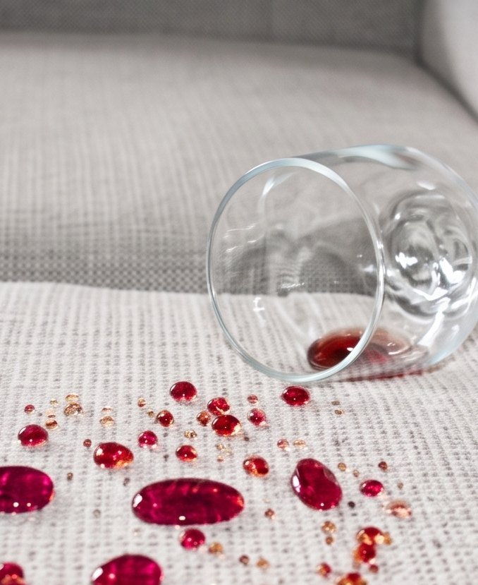 O mesmo vinho sobre tecido impermeabilizado, parado em gotas na superfície