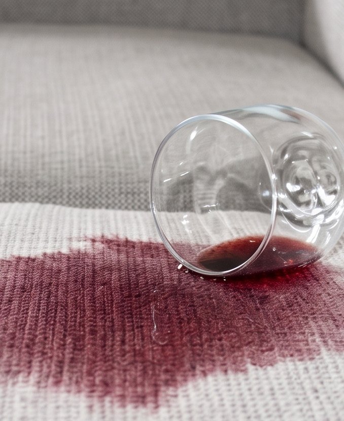 Vinho derramado sobre tecido sem impermeabilização, absorvido pela trama
